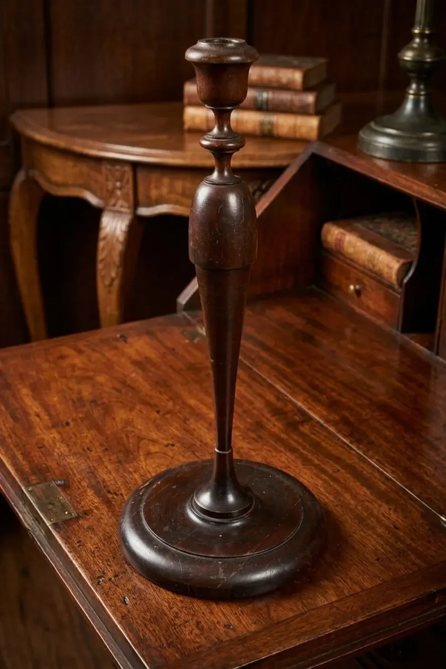 Antique Tall Hand Turned Carved Wood Candlestick